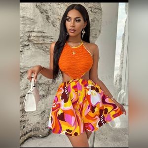 Floral Print Cut Out Halter Romper